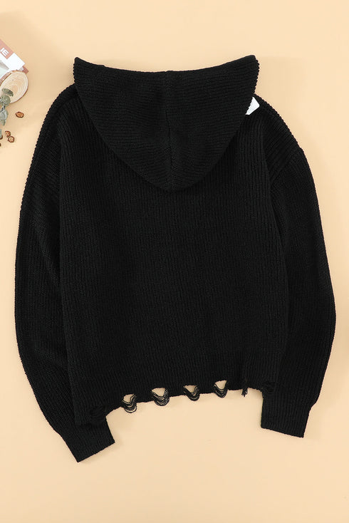 Zipper V-Neck Dropped Sleeve Hooded Solid Sweater